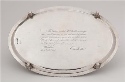 2013.10.1 - George III silver inkstand, 1789, presented to Matthew Baillie by Queen Charlotte in 1810, inscription on base.jpg; 2013.10/1; ; 